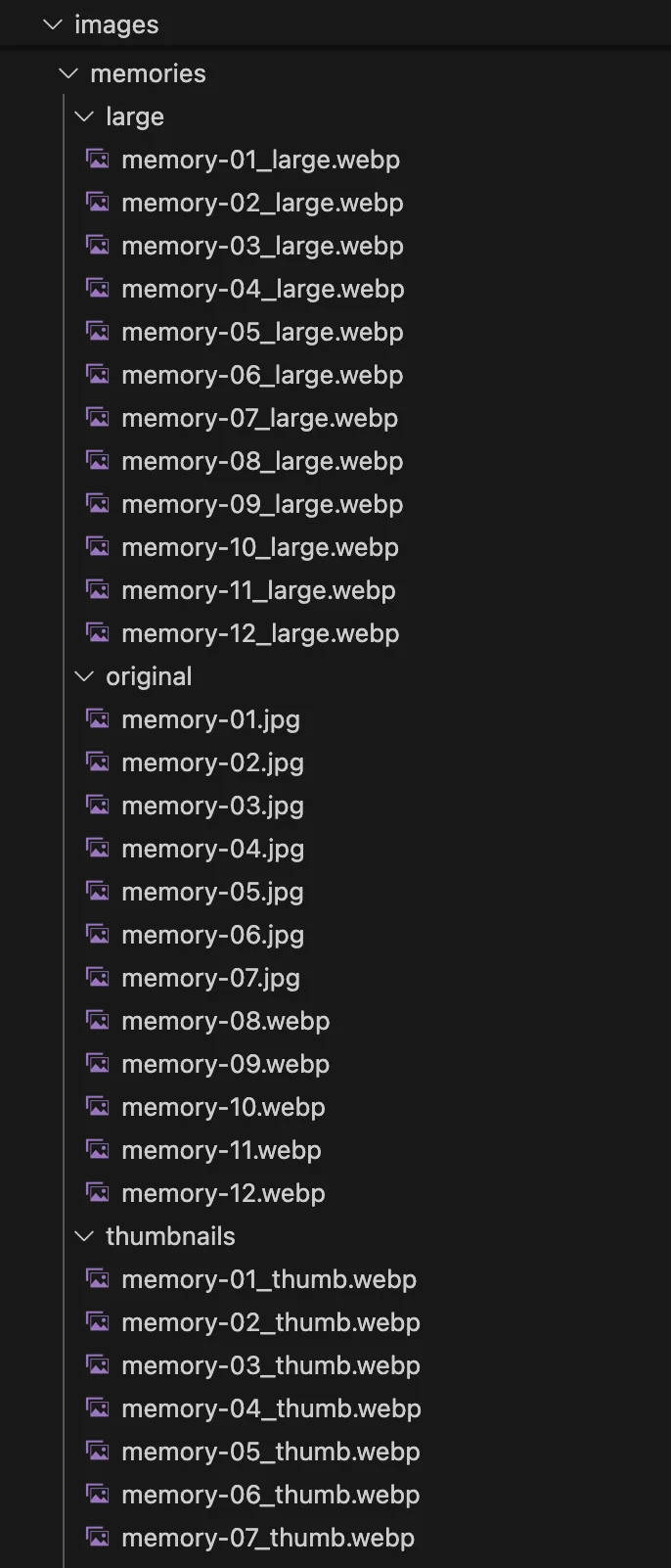 Organized image directory structure showing thumbnails, large images, and originals