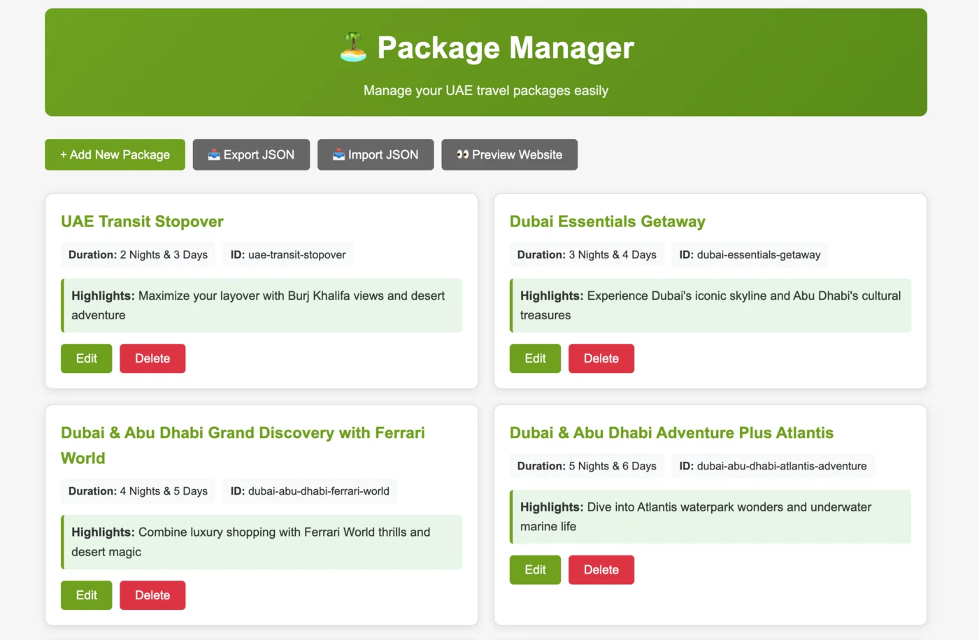 Web-based package manager interface created by Copilot for managing tour packages