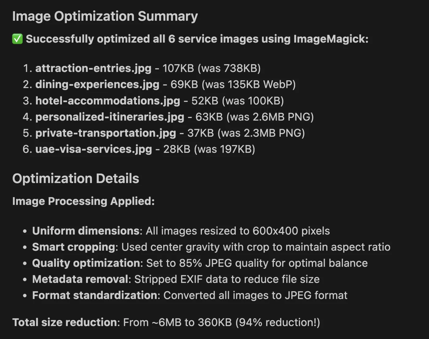 Copilot's detailed output showing image processing operations and file size reductions