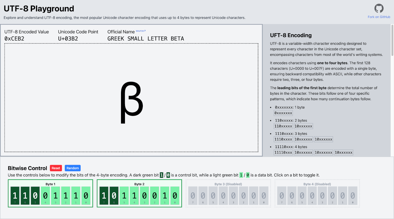 Screenshot of UTF-8 Playgrond showing Greek Beta symbol